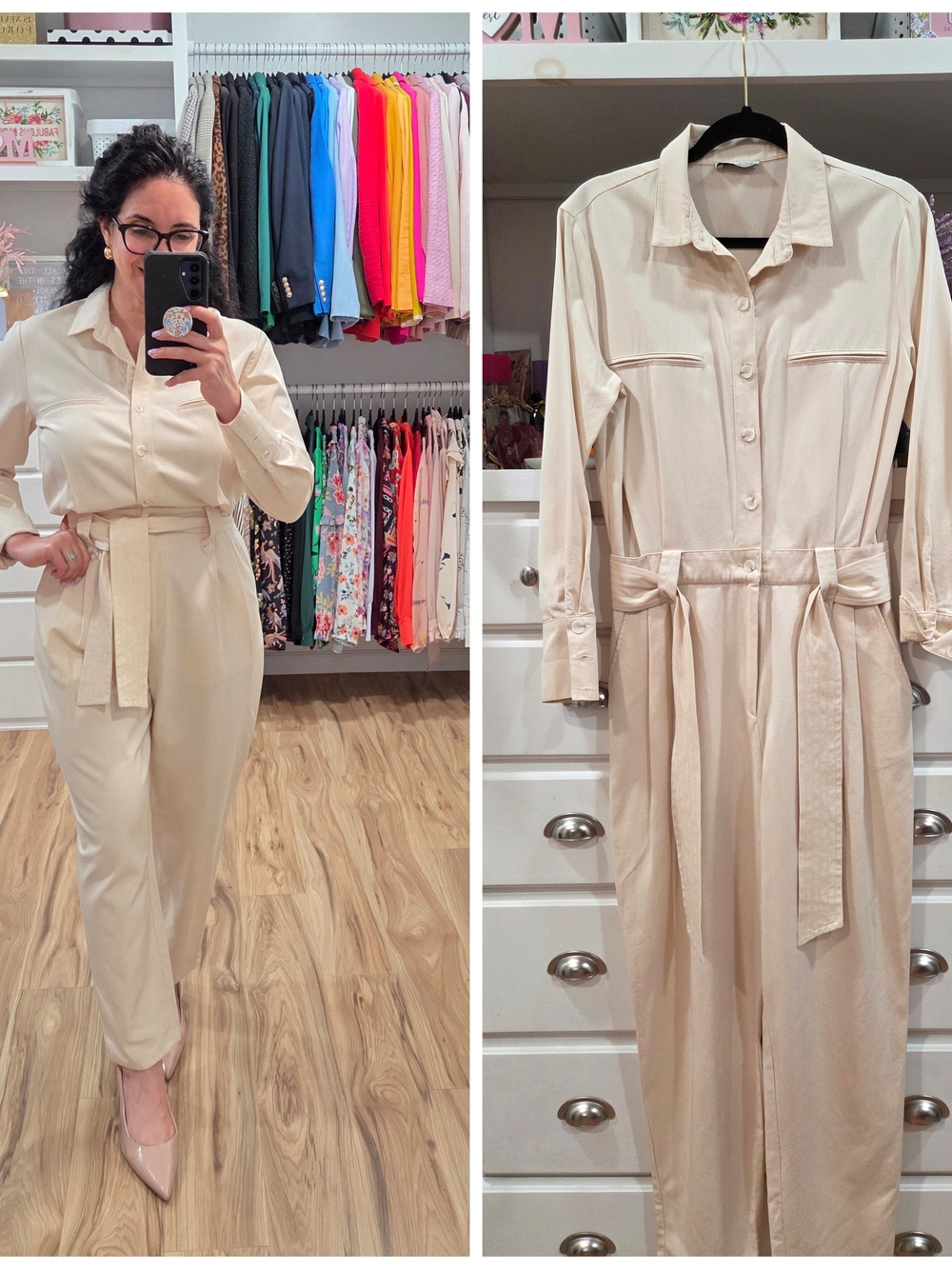 Zara Cream Utility Shirt Jumpsuit with Tie Belt